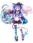  athria belt blue_eyes chiliarch_(elsword) clawed_gauntlets crown demon_girl demon_horns demon_tail elsword highres hood hoodie horns long_hair long_sleeves luciela_r._sourcream navel smile spiked_footwear star star-shaped_pupils symbol-shaped_pupils tail white_background white_hair 