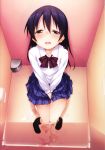  bangs between_legs blue_hair bow bowtie dress_shirt hair_between_eyes hand_between_legs highres long_hair long_sleeves looking_up love_live! love_live!_school_idol_project minase_shuu otonokizaka_school_uniform panties panty_pull pee peeing peeing_self pleated_skirt red_neckwear scan school_uniform shirt sitting skirt solo sonoda_umi striped striped_neckwear striped_panties tears toilet underwear white_shirt yellow_eyes 