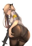  :3 absurdres armband ass ass_grab bent_over black_bow blush bow breasts brown_hair girls_frontline gun h&amp;k_ump hair_ornament hair_ribbon hairclip heckler_&amp;_koch highres jacket jacket_removed long_hair long_sleeves looking_at_viewer no_pants panties panties_under_pantyhose pantyhose purple_eyes ribbon scar scar_across_eye sleeves_rolled_up smile submachine_gun thighband_pantyhose twintails ump9_(girls_frontline) underwear upper_body weapon yuuhi_(yuuvi83) 