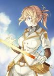  blonde_hair blue_eyes blue_sky bodystocking braid breasts character_request cloud cloud_kingdom covered_navel day french_braid gloves glowing glowing_sword glowing_weapon highres large_breasts lips making_of pas_(paxiti) short_ponytail sky solo sword uniform weapon white_gloves 