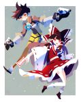  bow brown_hair crossover detached_sleeves dual_wielding goggles hair_bow hair_tubes hakurei_reimu highres holding jacket japanese_clothes miko multiple_girls overwatch pants papang skirt touhou tracer_(overwatch) yellow_pants 