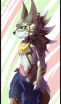  2018 animal_genitalia animal_penis anthro black_nose brown_fur canine canine_penis clothing erection exposed fangs fur green_eyes jewelry knot looking_at_viewer luxuria male mammal necklace pants penis seth_(tas) smile solo tokyo_afterschool_summoners undressing white_fur wolf 
