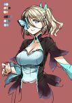  blonde_hair blue_eyes breasts bug butterfly butterfly_eyepatch cleavage cloud_kingdom color_guide detached_sleeves eyepatch insect large_breasts one_side_up original pas_(paxiti) red_background solo upper_body 