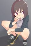  1girl blush bottomless doremisu eyebrows_visible_through_hair female folded_leg long_sleeves looking_away no_panties no_pants original peeing shoelaces shoes simple_background solo spread_legs squatting 
