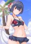  bare_arms bare_shoulders bikini black_bikini black_hair blue_sky blush breasts closed_mouth cloud day floral_print flower frilled_bikini frills hair_flower hair_ornament hand_on_own_chest hand_up head_tilt holding idolmaster idolmaster_shiny_colors morino_rinze navel outdoors palm_tree pink_flower print_bikini red_eyes red_flower sky small_breasts smile solo sumice swimsuit tree white_flower 