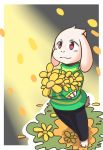  2015 3_toes anthro asriel_dreemurr biped blush border caprine child clothed clothing cub floppy_ears flower fully_clothed goat grass grey_background head_tuft holding_flower holding_object male mammal pants pink_eyes plant saku1saya shirt simple_background solo standing toes two_tone_background undertale video_games white_border yellow_background young 