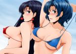  armpits bikini bishoujo_senshi_sailor_moon black_hair blue_hair blush breasts collarbone covered_nipples dutch_angle earrings from_below hino_rei jewelry long_hair looking_at_viewer looking_down mizuno_ami nanashi_noiji navel outdoors purple_eyes short_hair sky smile swimsuit underboob 