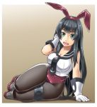  adapted_costume agano_(kantai_collection) alto-00 anchor_symbol animal_ears black_hair black_legwear black_neckwear boots braid breasts brown_background bunny_ears bunny_girl bunnysuit collarbone commentary_request full_body gloves green_eyes highres kantai_collection large_breasts legband leotard leotard_under_clothes long_hair looking_at_viewer medium_breasts necktie open_mouth pantyhose red_leotard sailor_collar school_uniform serafuku shadow sitting sleeveless smile solo tail white_gloves 