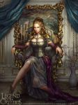  blonde_hair blue_eyes boots breasts card cleavage copyright_name curtains fantasy laura_sava legend_of_the_cryptids long_hair official_art queen sitting solo throne 