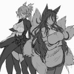  animal_ears breasts character_request cleavage cloud_kingdom crossed_arms fox_ears fox_tail greyscale large_breasts long_hair monochrome multiple_girls multiple_tails pantyhose pas_(paxiti) showgirl_skirt sketch tail thank_you thighhighs 