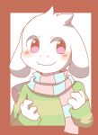  2015 4_fingers anthro asriel_dreemurr backpack blush border caprine child clothed clothing cub cute floppy_ears fur goat head_tuft looking_aside male mammal pink_eyes red_border saku1saya scarf shirt simple_background smile solo undertale video_games white_background white_fur young 