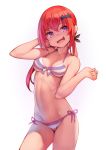  :3 :d arm_up ataruman bikini breasts cleavage commentary_request contrapposto cowboy_shot eyebrows_visible_through_hair fang front-tie_bikini front-tie_top gabriel_dropout highres kurumizawa_satanichia_mcdowell long_hair looking_at_viewer low_twintails navel open_mouth purple_eyes red_hair side-tie_bikini simple_background small_breasts smile solo striped striped_bikini swimsuit twintails white_background 