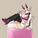  alcohol ass bangs bikini black_legwear blush breasts character_request choker cleavage cloud_kingdom cup drinking_glass feather_boa frilled_bikini frills full_body grey_background hair_bun high_heels horn_ribbon horns in_container large_breasts long_hair looking_at_viewer minigirl original oversized_object pas_(paxiti) pink_bikini pouring red_eyes ribbon ribbon_choker side_bun smile solo swept_bangs swimsuit thighhighs white_hair wine wine_glass 
