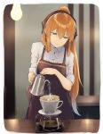  apron aqua_eyes black_apron black_ribbon blue_hair blurry blurry_background border breasts closed_mouth coffee coffee_filter collared_shirt commentary cup dabuki depth_of_field eyebrows_visible_through_hair girls_frontline gradient_hair hair_ribbon half-closed_eyes high_ponytail highres holding indoors jug light_bulb long_hair looking_away looking_down m1903_springfield_(girls_frontline) medium_breasts multicolored_hair orange_hair pink_lips ribbon shiny shiny_hair shirt sleeves_folded_up smile solo steam straight_hair table upper_body very_long_hair water white_border white_shirt wing_collar 