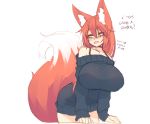  :d animal_ear_fluff animal_ears bare_shoulders black_sweater blush breasts commentary dress english english_commentary eyebrows_visible_through_hair fang fox_ears fox_tail hair_between_eyes huge_breasts large_tail leaning_forward long_hair looking_back open_mouth orange_hair original sam_(sub-res) simple_background sketch sleeves_past_wrists smile solo strapless strapless_dress sub-res sweater sweater_dress tail white_background yellow_eyes 