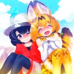  :d ;) ^_^ animal_ear_fluff animal_ears bangs black_eyes black_hair black_legwear blue_sky closed_eyes cloud day elbow_gloves eyebrows_visible_through_hair fangs gloves hakkasame hat hat_feather kaban_(kemono_friends) kemono_friends looking_at_another multiple_girls one_eye_closed open_mouth orange_hair outdoors pantyhose pantyhose_under_shorts red_shirt serval_(kemono_friends) serval_ears serval_print serval_tail shirt short_hair shorts sky smile striped_tail tail thighhighs white_gloves white_hat white_shorts yellow_legwear zettai_ryouiki 