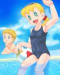  1boy 1girl blonde_hair blush doraemon flock open_mouth sarah serra_(eiga_doraemon:_nobita_no_takarajima) smile swimsuit takeru33 