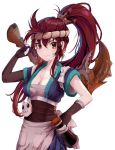  ahoge akali alternate_costume blush breasts brown_eyes cappu cleavage commentary english_commentary fingerless_gloves gloves hairband highres league_of_legends ninja ponytail sashimi_akali smile solo transparent_background 