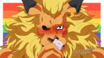  2018 absurd_res blonde_hair blue_eyes blush condom digimon hair hi_res holding_condom holding_object leomon logan_sato looking_at_viewer male mane one_eye_closed solo suggestive wink 