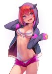  :3 :d arm_up ataruman bikini bikini_under_clothes breasts cleavage contrapposto cowboy_shot eyebrows_visible_through_hair fang front-tie_bikini front-tie_top gabriel_dropout highres hood hood_up hooded_jacket jacket kurumizawa_satanichia_mcdowell long_hair long_sleeves looking_at_viewer low_twintails navel open_clothes open_fly open_jacket open_mouth pink_shorts purple_eyes red_hair short_shorts shorts side-tie_bikini simple_background small_breasts smile solo standing striped striped_bikini swimsuit twintails unzipped white_background 