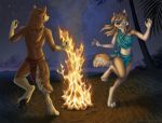  2018 4_toes 5_fingers anthro barefoot beach black_pawpads canine clothing detailed_background digital_media_(artwork) digitigrade duo female fire jay-kuro loincloth male mammal midriff navel night outside pawpads seaside sky smile standing star starry_sky toes wolf 
