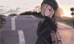  asymmetrical_hair backpack bag beanie black_coat black_hoodie blonde_hair coat cross cross_earrings earrings from_behind hair_over_one_eye hat hood hood_down hoodie idolmaster idolmaster_cinderella_girls jewelry light_smile looking_back outdoors red_eyes road road_sign sawarakajin shirasaka_koume short_eyebrows sign sleeves_past_wrists standing sunrise sunset twilight upper_body 