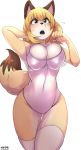  2018 5_fingers absurd_res anthro big_breasts blonde_hair blue_eyes blush breasts brown_fur buried_frog canine cheek_tuft cleavage clothed clothing dipstick_tail female fox front_view fur hair hi_res legwear mammal multicolored_tail open_mouth orange_fur portrait raised_arm simple_background solo stockings swimsuit thick_thighs three-quarter_portrait tuft white_background 
