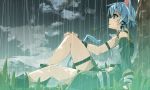  animal_ears asymmetrical_clothes blue_eyes blue_hair cat_ears cat_tail cloud day forest hair_ribbon highres mouth_hold nature profile rain ribbon shikei short_hair short_hair_with_long_locks sinon sinon_(sao-alo) sitting sky solo sword_art_online tail tree wet 