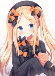  abigail_williams_(fate/grand_order) alternate_hairstyle bangs black_bow black_dress black_hat blonde_hair blue_eyes blush bow bug butterfly closed_mouth commentary dress eyebrows_visible_through_hair fate/grand_order fate_(series) forehead hair_bow hat head_tilt highres insect long_hair long_sleeves looking_at_viewer masayo_(gin_no_ame) object_hug orange_bow parted_bangs polka_dot polka_dot_bow simple_background sleeves_past_fingers sleeves_past_wrists smile solo stuffed_animal stuffed_toy teddy_bear twintails very_long_hair white_background 