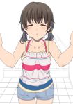  blue_shorts brown_hair bunny_hair_ornament camisole camisole_over_clothes carrot_hair_ornament closed_eyes commentary_request food_themed_hair_ornament hair_ornament hair_tie incoming_kiss low_twintails mattaku_mousuke original pov reaching_out shorts solo striped tank_top twintails 