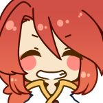  1boy blush blush_stickers chibi eyebrows_visible_through_hair eyes_closed face happy luke_fon_fabre male_focus muguet red_hair shiny shiny_hair simple_background smile solo tales_of_(series) tales_of_the_abyss teeth white_background 