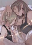  arm_around_neck asymmetrical_hair bed_sheet black_tank_top blonde_hair breasts brown_hair closed_eyes dark_skin ear_piercing earrings flat_chest hair_over_one_eye hand_on_another's_head idolmaster idolmaster_cinderella_girls indoors jewelry large_breasts long_hair matsunaga_ryou morning multiple_girls nose parted_lips piercing pillow sawarakajin shirasaka_koume short_eyebrows sleeping stud_earrings tank_top thick_eyebrows under_covers 