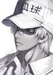  bangs black_eyes capriccio character_name closed_mouth clothes_writing commentary_request dated flat_cap grey_skin hair_over_one_eye hat hataraku_saibou jacket looking_away male_focus portrait signature simple_background solo translation_request u-1146 white_background white_blood_cell_(hataraku_saibou) white_hair white_hat white_jacket 