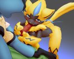 2018 all_fours animal_genitalia animal_penis anthro anthro_on_anthro black_fur blue_eyes blue_fur blush breasts butt canine_penis duo female fur knot lucario lying male male/female nintendo nude on_back oral penis pok&eacute;mon pok&eacute;mon_(species) sheath solo_focus steel_cat tongue tongue_out video_games yellow_fur zeraora 