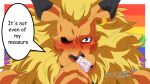  2018 absurd_res blonde_hair blue_eyes blush condom dialogue digimon english_text hair hi_res holding_condom holding_object leomon logan_sato looking_at_viewer male mane one_eye_closed solo suggestive text wink 