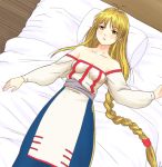  arc_the_lad arc_the_lad_ii bare_shoulders bed blonde_hair braid breasts brown_eyes cleavage closed_mouth commentary_request dress hosshi_(nariagari) lieza long_hair low-tied_long_hair pillow single_braid solo very_long_hair white_dress wooden_floor 