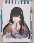  black_hair eyebrows finger_to_mouth grey_eyes grin junketsu kawacy kill_la_kill kiryuuin_satsuki living_clothes long_hair marker_(medium) smile torn_clothes traditional_media 