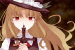  bangs blonde_hair bow closed_mouth commentary_request covering_mouth cross dolls_in_pseudo_paradise dress hair_between_eyes hat holding holding_cross jacket_girl_(dipp) long_hair long_sleeves looking_at_viewer miko_(miko030751) red_eyes ribbon solo standing touhou 