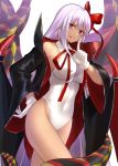  bangs bat_wings bb_(fate)_(all) bb_(swimsuit_mooncancer)_(fate) black_coat blush breasts closed_mouth coat commentary covered_navel fate/grand_order fate_(series) gloves hair_ribbon highres hips index_finger_raised large_breasts leotard long_hair looking_at_viewer neck_ribbon open_clothes open_coat popped_collar purple_hair red_eyes red_ribbon ribbon shiguru simple_background smile solo tan tentacles thighs tongue tongue_out very_long_hair white_background white_gloves wide_sleeves wings 