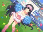  alternate_costume bangs black_hair blue_eyes blush breasts cheerleader cleavage cowboy_shot crop_top crowd day ikaruga_(senran_kagura) large_breasts long_hair looking_at_viewer midriff miniskirt navel official_art outdoors pom_poms senran_kagura senran_kagura_new_link skirt smile solo stadium standing very_long_hair yaegashi_nan 