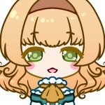  1girl ascot blonde_hair blush blush_stickers brown_hairband chibi eyebrows_visible_through_hair face female green_eyes hairband looking_at_viewer muguet natalia_luzu_kimlasca_lanvaldear open_mouth shiny shiny_hair simple_background smile solo tales_of_(series) tales_of_the_abyss white_background yellow_neckwear 
