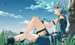  animal_ears asymmetrical_clothes blue_eyes blue_hair blue_sky cat_ears cat_tail cloud day forest hair_ribbon highres mouth_hold nature profile ribbon shikei short_hair short_hair_with_long_locks sinon sinon_(sao-alo) sitting sky solo sword_art_online tail tree 