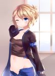  arm_up blonde_hair blue_eyes breasts commentary_request folded_ponytail hair_between_eyes highres jacket long_hair long_sleeves midriff navel neit_ni_sei one_eye_closed open_pants original pala_bergsson shiny shiny_skin sleepy sleeves_past_wrists small_breasts solo standing strapless sunlight tubetop upper_body window 