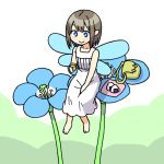  :&gt; barefoot blue_eyes blue_flower collarbone cup dress fairy fairy_wings flower food from_above from_below green_background green_bag hand_on_own_thigh holding holding_cup light_brown_hair maruput minigirl onigiri original pointy_ears short_hair sitting sleeveless sleeveless_dress smile solo two-tone_background white_background white_dress wings 