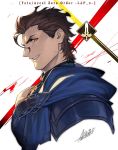  azusa_(hws) blue_cape breastplate cape cropped_torso diarmuid_ua_duibhne_(fate/grand_order) fate/grand_order fate_(series) lancer_(fate/zero) looking_at_viewer male_focus mullet parted_lips profile signature simple_background solo white_background yellow_eyes 