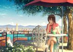  balcony bendy_straw blue_dress blue_eyes blue_sky bow bowtie brown_hair capelet chair chin_rest city cityscape cloud crossed_legs cup daisy day dress drinking_glass drinking_straw elbow_rest expressionless flower frilled_skirt frills gem highres holding looking_to_the_side mountain original outdoors railing red_bow red_neckwear revision shade shadow short_hair sitting skirt sky solo stairs sugi87 table tree umbrella water 