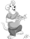  101_dalmatians 2013 3_toes 4_fingers anthro anthrofied bendy_straw canine clothed clothing cute dalmatian disney dog ehh123 fangs food fully_clothed fur greyscale hi_res looking_at_viewer male mammal milk monochrome open_mouth open_smile pants pizza rolly shirt signature simple_background smile solo standing straw toes tray white_background 