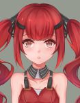  breasts brown_eyes collarbone commentary cz-75_(girls_frontline) girls_frontline grey_background hair_ornament hairclip highres long_hair looking_at_viewer misaki159123 open_mouth portrait red_hair shirt simple_background small_breasts solo twintails 