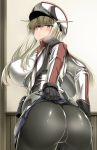  ass bangs black_gloves black_legwear blonde_hair blush breasts capelet closed_mouth commentary_request covered_nipples curvy eyebrows_visible_through_hair from_behind gloves graf_zeppelin_(kantai_collection) green_eyes hair_between_eyes hat highres indoors jacket kantai_collection large_breasts long_hair looking_at_viewer looking_back machinery military military_hat military_uniform pantyhose peaked_cap saizu_nitou_gunsou sidelocks skirt skirt_lift smile uniform white_hat 