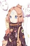  :o abigail_williams_(fate/grand_order) absurdres azureine bag balloon bangs black_bow black_jacket blonde_hair blue_eyes bow character_name commentary_request crossed_bandaids eyebrows_visible_through_hair fate/grand_order fate_(series) food fou_(fate/grand_order) hair_bow hair_bun heroic_spirit_traveling_outfit highres holding holding_balloon jacket long_hair long_sleeves looking_away medjed object_hug orange_bow parted_bangs parted_lips pocky polka_dot polka_dot_bow shoulder_bag simple_background sleeves_past_fingers sleeves_past_wrists solo stuffed_animal stuffed_toy teddy_bear white_background 
